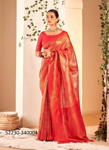 Coral Red Woven Soft Silk Saree For Traditional / Religious Occasions