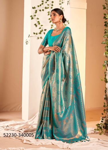 Aqua Woven Soft Silk Saree For Traditional / Religious Occasions