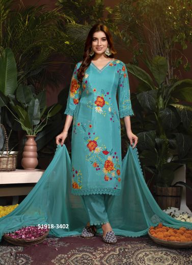 Light Teal Blue Muslin Digitally Printed Pant-Bottom Readymade Salwar Kameez For Traditional / Religious Occasions