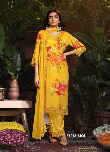 Yellow Muslin Digitally Printed Pant-Bottom Readymade Salwar Kameez For Traditional / Religious Occasions