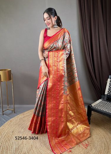 Multicolored Woven Kanjivaram Silk Saree For Traditional / Religious Occasions