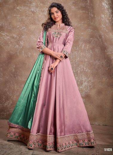 Pink Silk Readymade Gown with Dupatta
