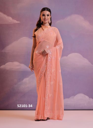 Salmon Georgette Thread & Sequins-Work Party-Wear Saree