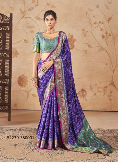 Violet & Sea Green Woven Patola Silk Saree For Traditional / Religious Occasions