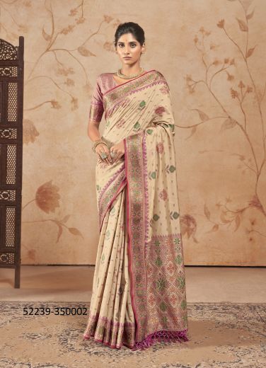Beige Woven Patola Silk Saree For Traditional / Religious Occasions