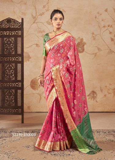 Dark Pink & Green Woven Patola Silk Saree For Traditional / Religious Occasions