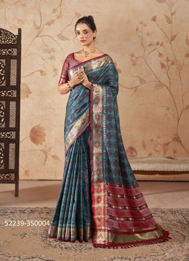 Sea Blue & Wine Woven Patola Silk Saree For Traditional / Religious Occasions