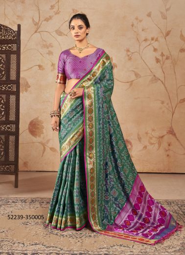 Teal Green & Purple Woven Patola Silk Saree For Traditional / Religious Occasions
