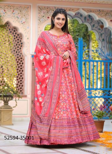 Multicolored Dola Silk Digitally Printed Readymade Gown [With Belt] For Traditional / Religious Occasions