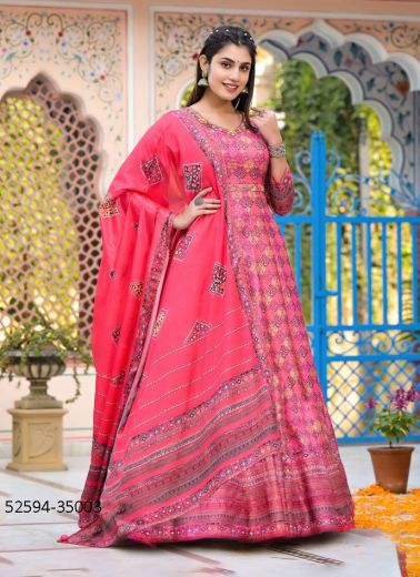 Multicolored Dola Silk Digitally Printed Readymade Gown [With Belt] For Traditional / Religious Occasions