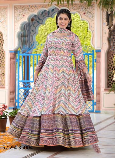 Multicolored Dola Silk Digitally Printed Readymade Gown [With Belt] For Traditional / Religious Occasions