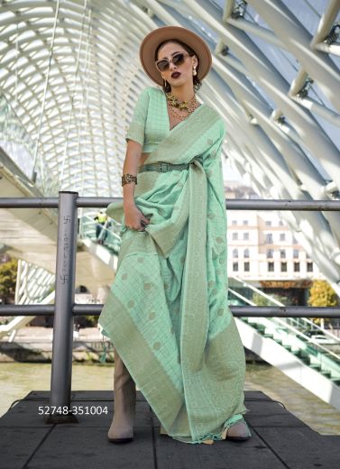 Light Mint Green Silk Woven Handloom Saree For Traditional / Religious Occasions