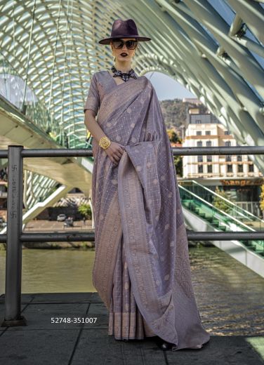 Purplish Gray Silk Woven Handloom Saree For Traditional / Religious Occasions