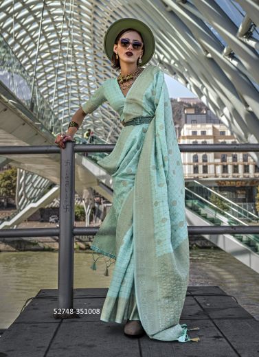 Light Aqua Silk Woven Handloom Saree For Traditional / Religious Occasions