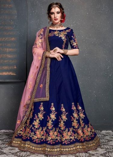 Blue Taffeta Satin Silk Party Wear Lehenga Choli