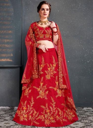 Red Slub Silk Party Wear Lehenga Choli