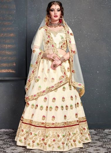 Bone White Slub Silk Party Wear Lehenga Choli