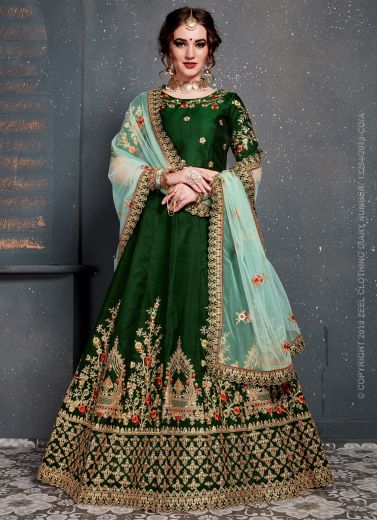 Dark Green Taffeta Satin Silk Party Wear Lehenga Choli