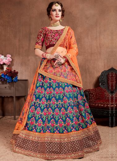 Maroon & Blue Mulberry Silk Wedding Lehenga Choli