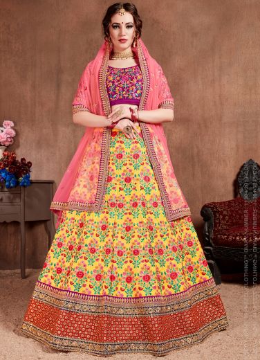 Violet & Yellow Mulberry Silk Wedding Lehenga Choli