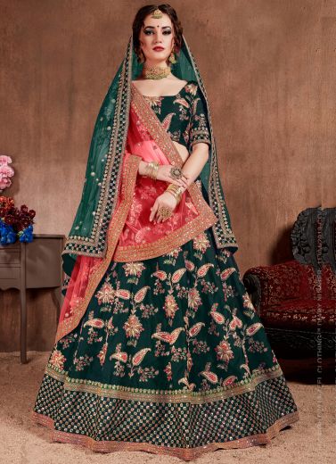 Dark Green Taffeta Silk Wedding Lehenga Choli