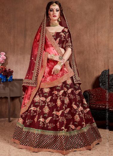 Maroon Taffeta Silk Wedding Lehenga Choli