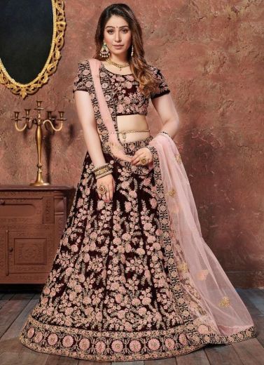 Maroon Velvet Wedding Lehenga Choli