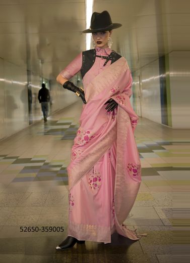 Pink Katan Silk Woven Handloom Saree For Traditional / Religious Occasions