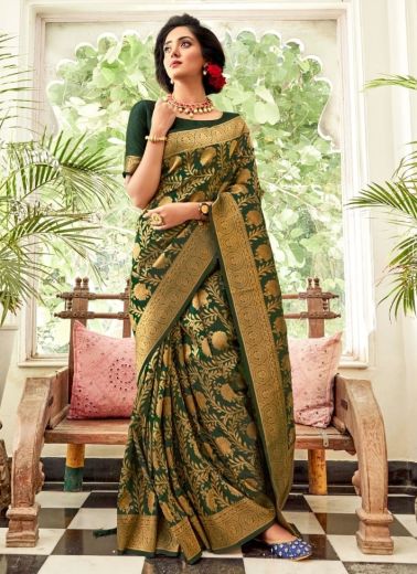 Dark Green Soft Handloom Weaving Silk Saree