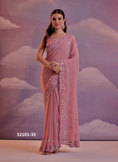 Mauve Pink Georgette Thread & Sequins-Work Party-Wear Saree