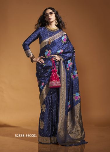 Blue Woven Satin Silk Handloom Saree For Traditional / Religious Occasions