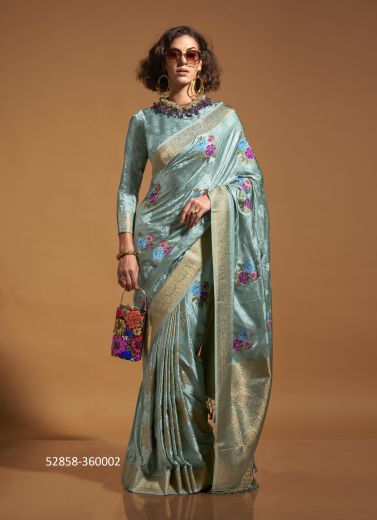 Light Blue Woven Satin Silk Handloom Saree For Traditional / Religious Occasions