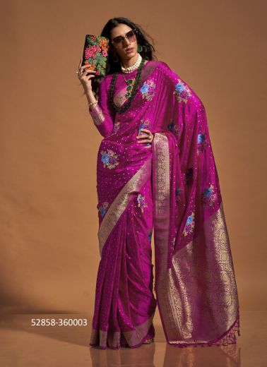 Magenta Woven Satin Silk Handloom Saree For Traditional / Religious Occasions