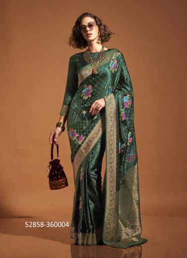 Green Woven Satin Silk Handloom Saree For Traditional / Religious Occasions