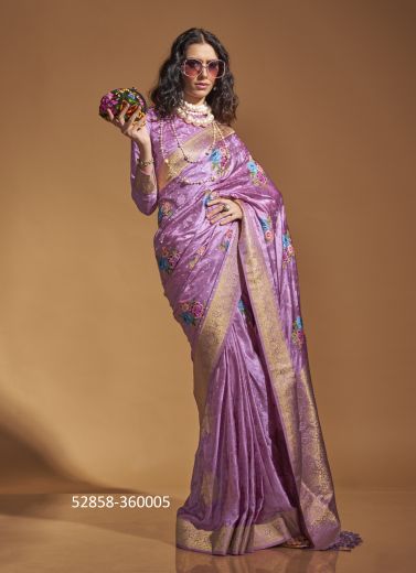 Lilac Woven Satin Silk Handloom Saree For Traditional / Religious Occasions