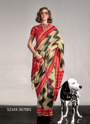 Multicolor Silk Digitally Printed Handloom Saree For Traditional / Religious Occasions
