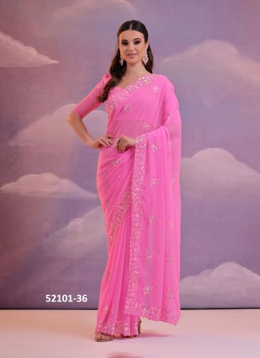 Pink Georgette Thread & Sequins-Work Party-Wear Saree