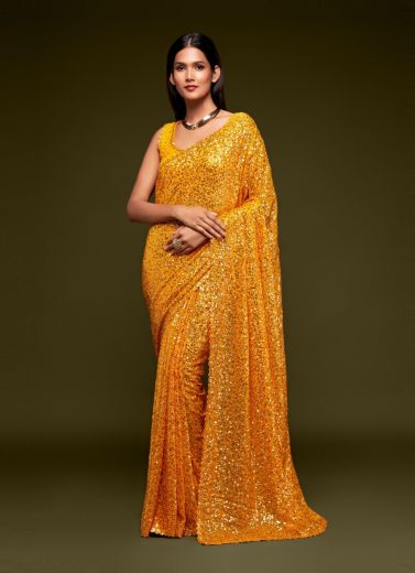 Yellow Georgette With Sequins Work Saree