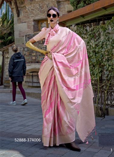 Pink & Cream Woven Silk Digitally Printed Festive-Wear Handloom Saree