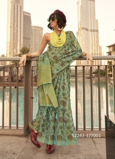 Sea Green Tissue Zari Printed Handloom Saree For Traditional / Religious Occasions