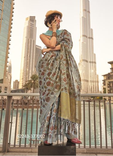 Light Gray Tissue Zari Printed Handloom Saree For Traditional / Religious Occasions