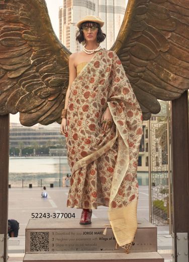 Beige Tissue Zari Printed Handloom Saree For Traditional / Religious Occasions