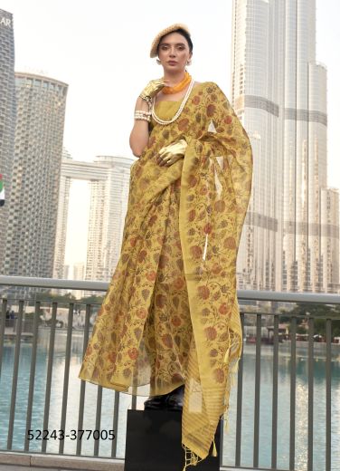 Yellow Tissue Zari Printed Handloom Saree For Traditional / Religious Occasions