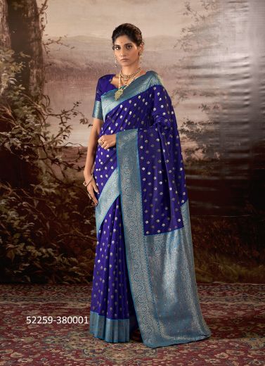 Violet Blue Woven Banarasi Silk Saree For Traditional / Religious Occasions