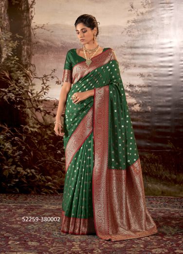 Green & Maroon Woven Banarasi Silk Saree For Traditional / Religious Occasions