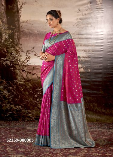 Magenta & Sky Blue Woven Banarasi Silk Saree For Traditional / Religious Occasions