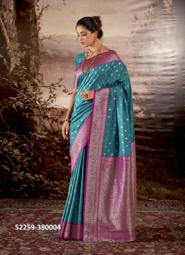 Sky Blue & Magenta Woven Banarasi Silk Saree For Traditional / Religious Occasions