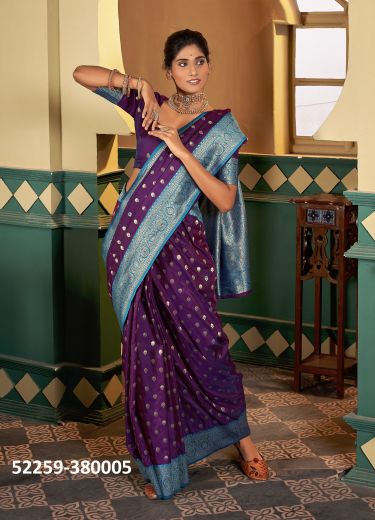 Purple & Sky Blue Woven Banarasi Silk Saree For Traditional / Religious Occasions