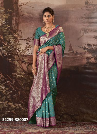 Teal Green & Magenta Woven Banarasi Silk Saree For Traditional / Religious Occasions