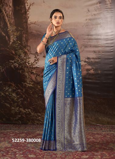 Sky & Dark Blue Woven Banarasi Silk Saree For Traditional / Religious Occasions